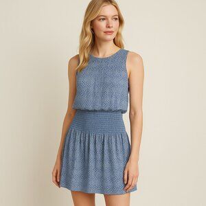 Joie Blue Printed 100% Silk Smocked Waist Sleeveless Mini Dress Summer Size XS